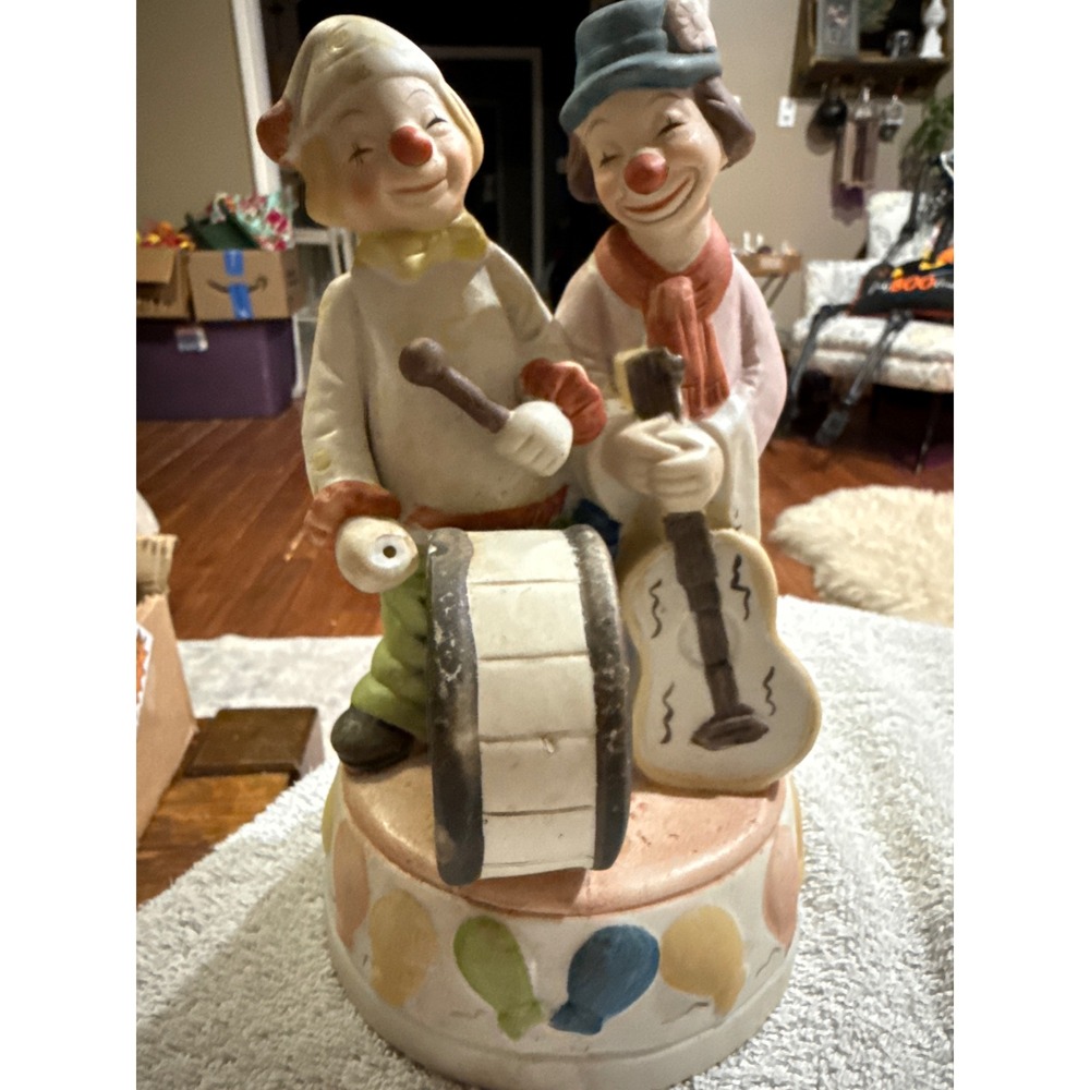 Vintage Send In The Clowns Ceramic Figurine Drummer Guitarist Pastel 7.5"